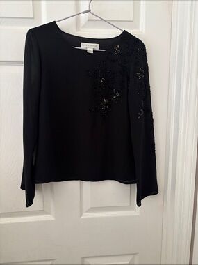 Petite Sophisticate Black Beaded Floral-Embellished Long Sleeve Blouse